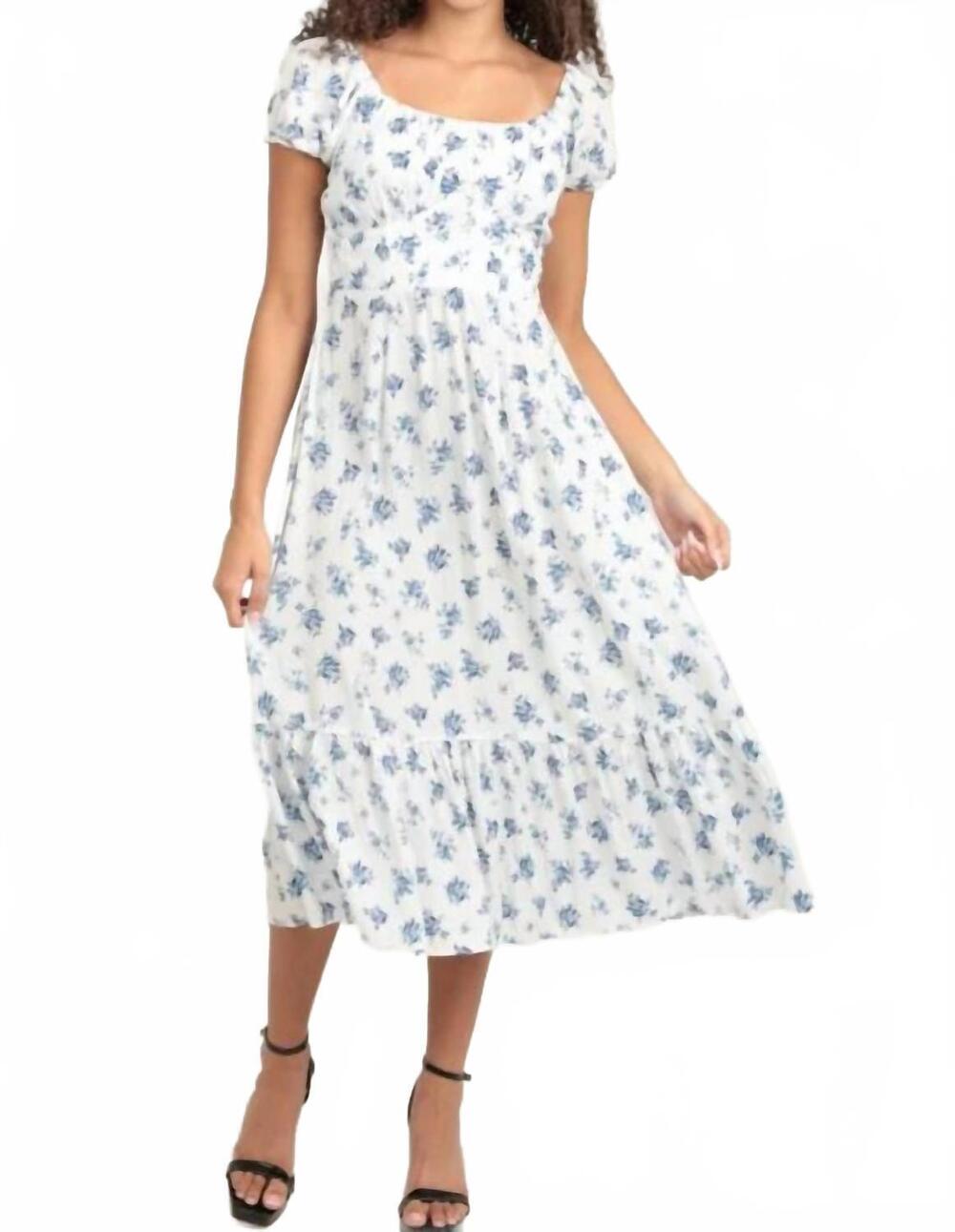 NEW ANGIE floral short sleeve midi dress in white & blue